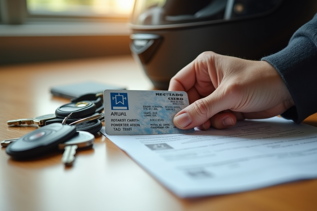 Main posant la licence moto sur clés et casque sur bureau