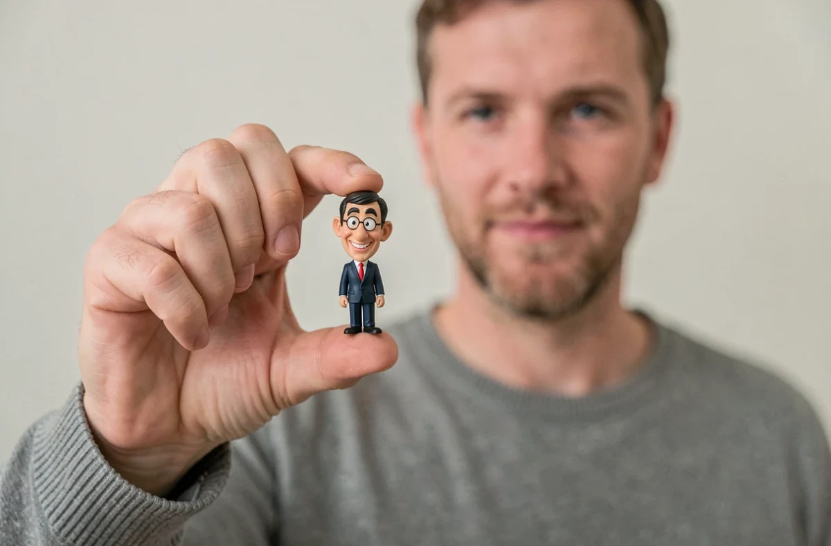 Main tenant une figurine miniature de Mister Bean avec détails réalistes du visage sculpté