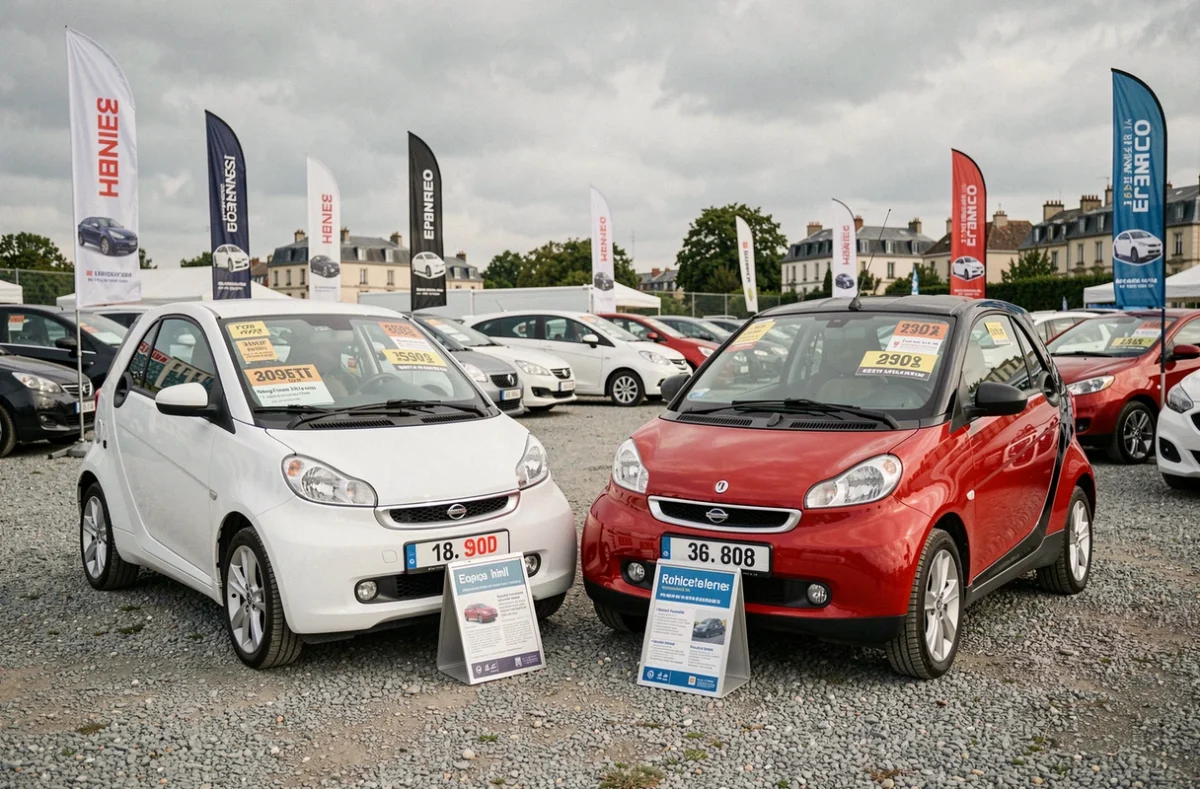 Voitures sans permis d'occasion exposées sur un marché automobile à Rennes