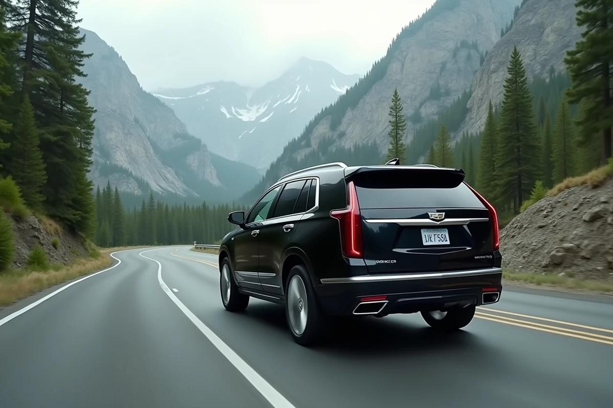 SUV Cadillac en conduite sur une route de montagne sinueuse entourée de forêts de pins et de crêtes rocheuses brumeuses