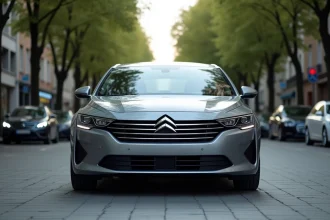 Citroën berline moderne garée sur un boulevard européen, vue en angle trois quarts avant mettant en valeur le logo chevron
