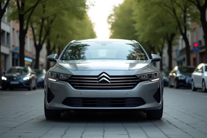 Citroën berline moderne garée sur un boulevard européen, vue en angle trois quarts avant mettant en valeur le logo chevron
