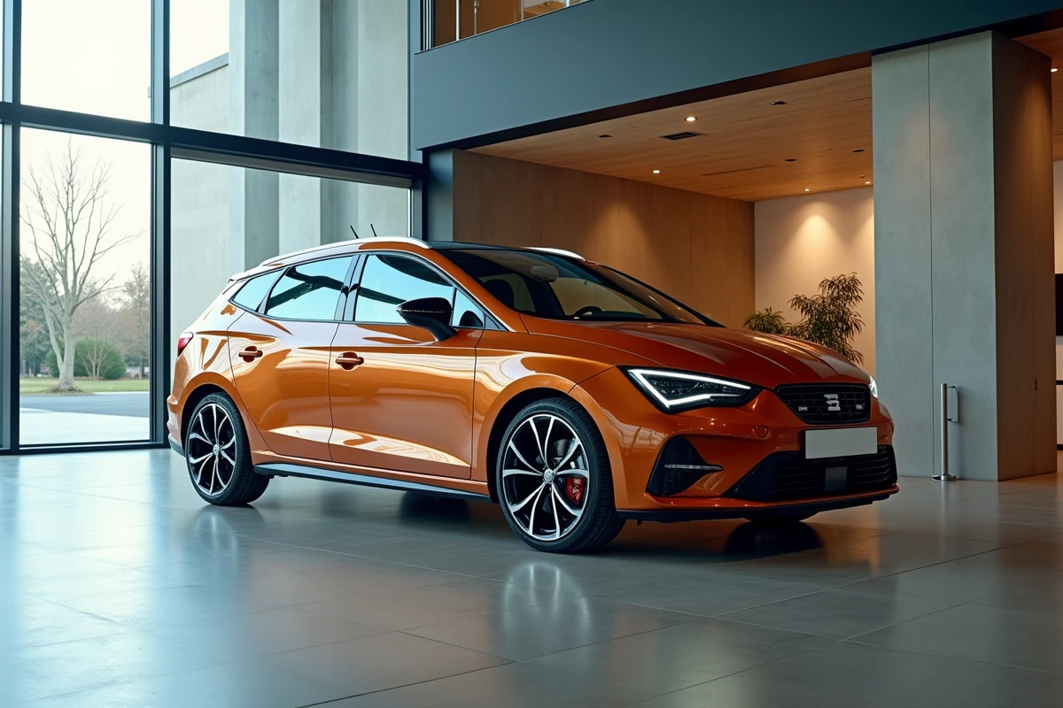 Cupra sportive exposée dans une salle d'exposition automobile moderne avec sol en béton poli et façade vitrée