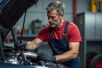 Mécanicien homme examinant un système d'admission performant sur une voiture
