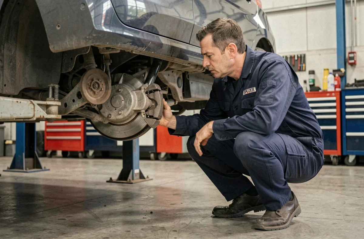 Mécanicien inspectant la boîte de vitesses Eat8 sous une Peugeot 308 en atelier