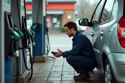 Mécanicien vérifiant la consommation de carburant d'un moteur 2.0 HDi 90 dans une station-service française