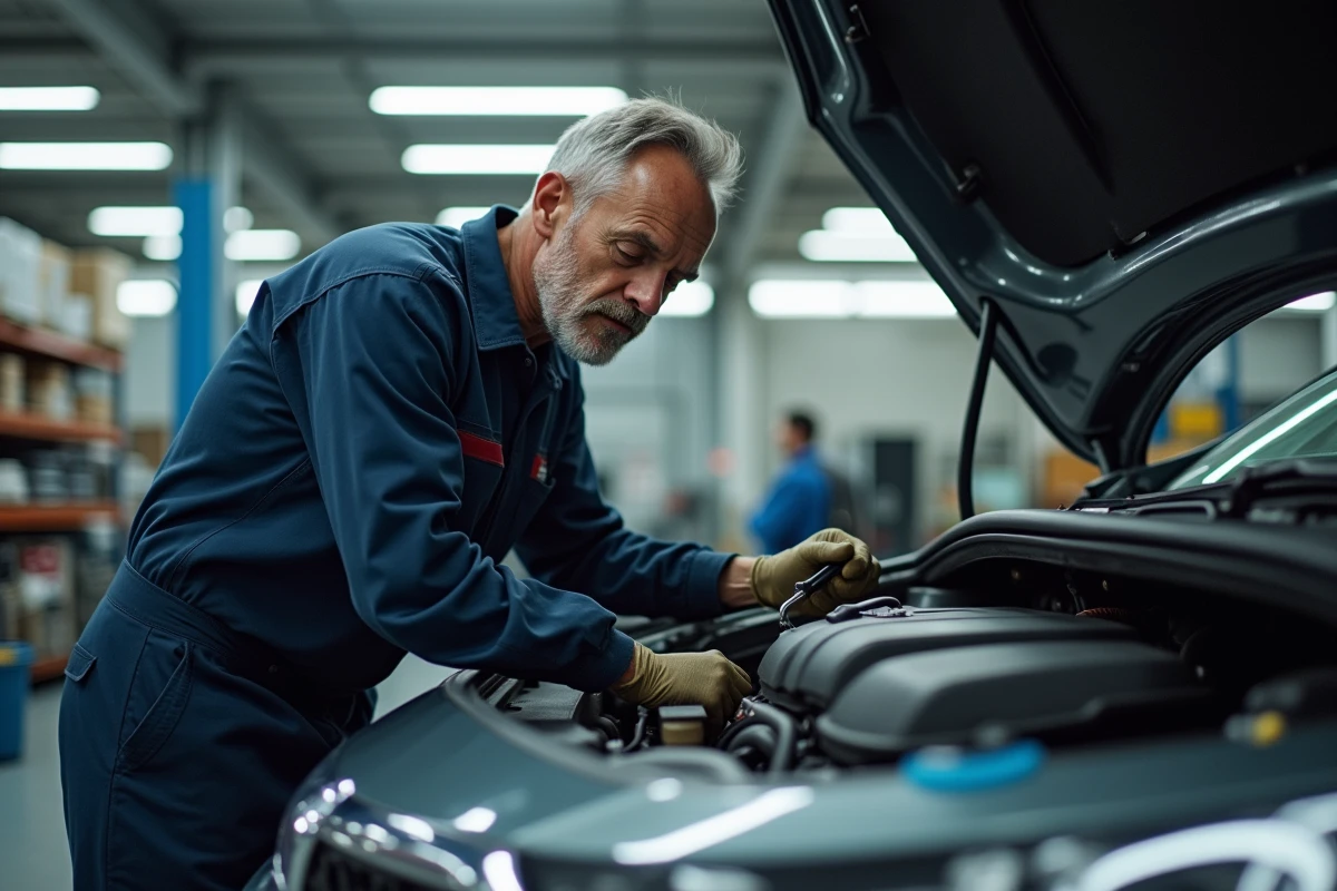 Mécanicien inspectant le moteur 1.6 HDI d'une voiture diesel avec outil de diagnostic en atelier