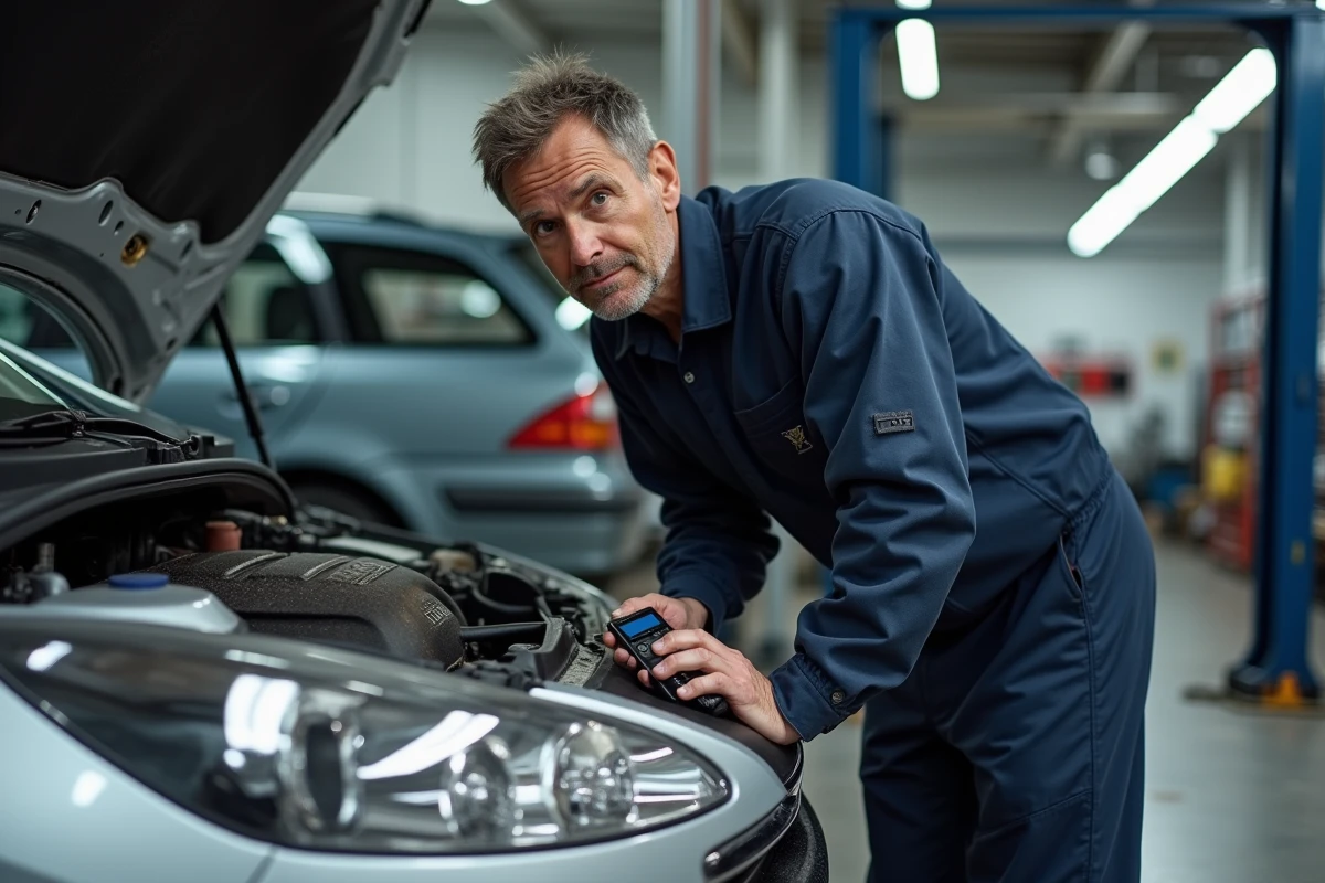 Mécanicien diagnostiquant un voyant moteur orange sur une Peugeot dans un garage automobile