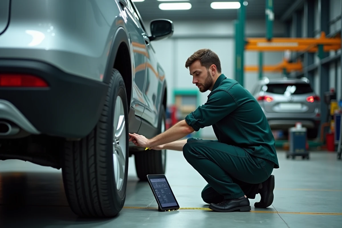 Mécanicien vérifiant les dimensions d'un SUV avec un mètre ruban en consultant une fiche technique sur tablette