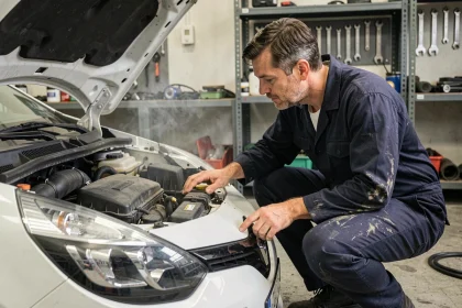 Mécanicien inspectant le moteur 1.5 dCi d'une Renault Clio dans un garage automobile