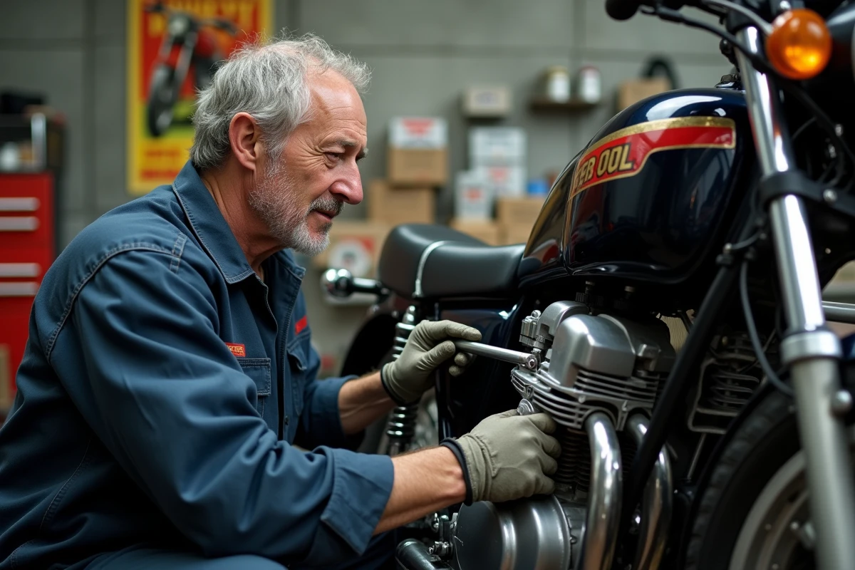 Mécanicien professionnel inspectant le moteur d'une CB Boldor 900 dans un atelier moto indépendant