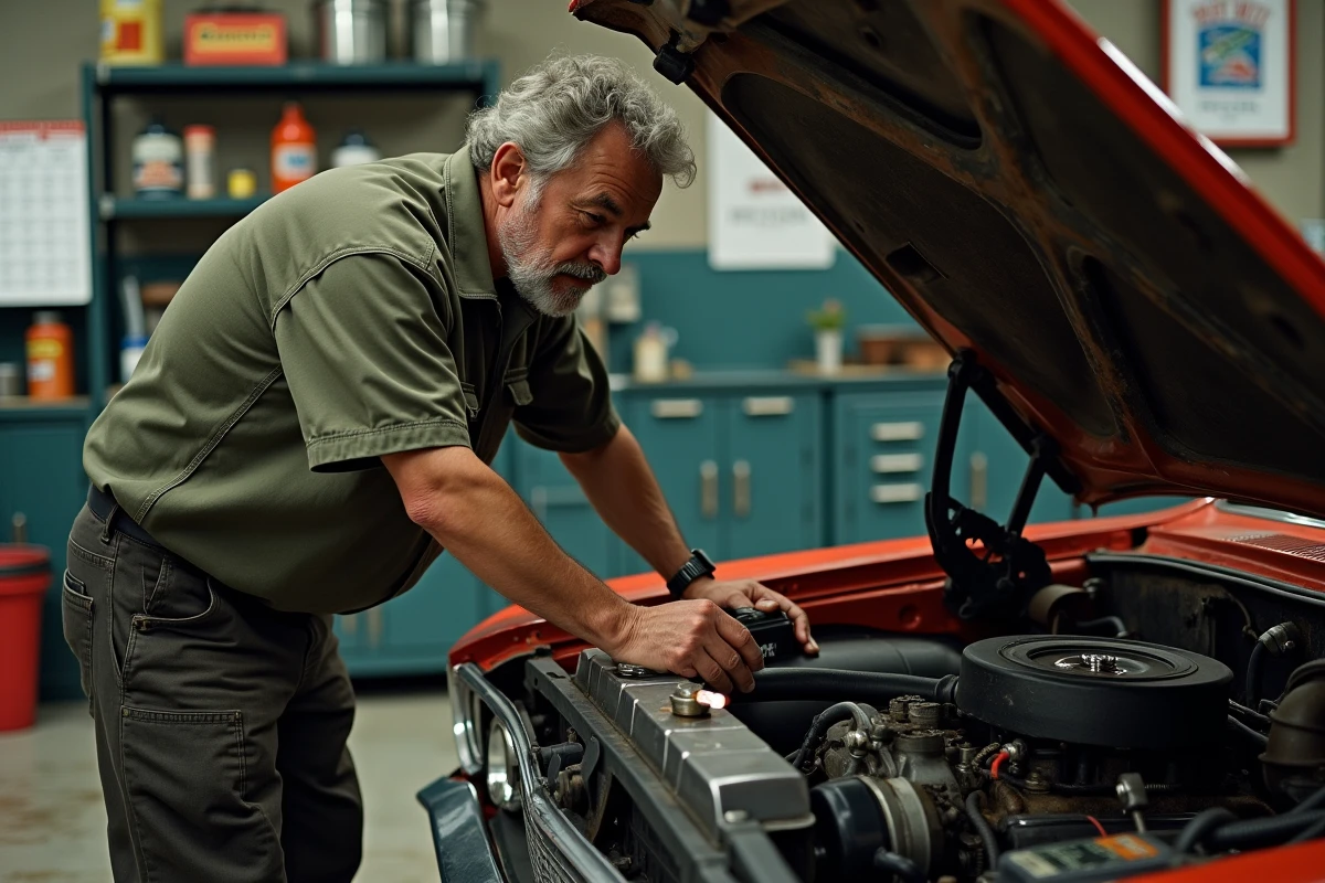 Mécanicien inspectant le compartiment moteur d'une voiture ancienne dans un garage indépendant, révélant des modifications non déclarées et des réparations amateur dans l'historique du véhicule