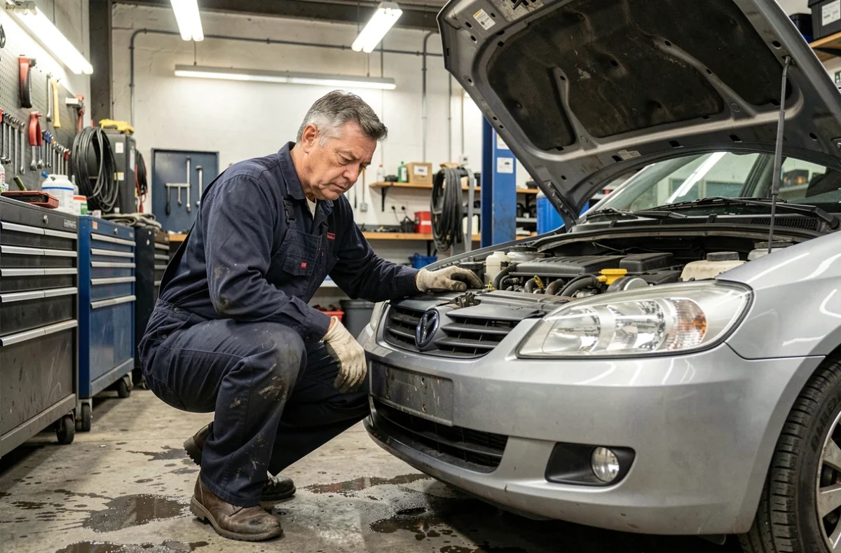 Mécanicien inspectant le moteur d'une voiture pour évaluer le régime et l'usure du groupe motopropulseur