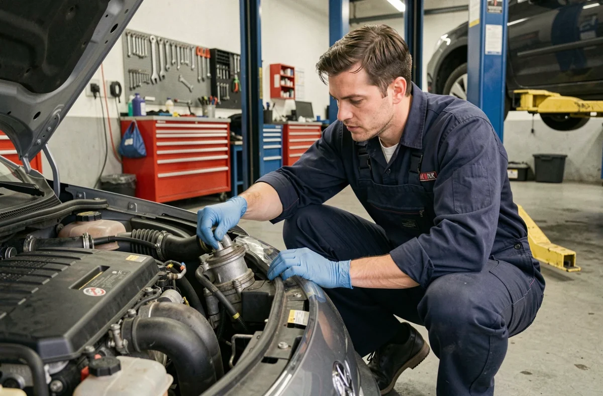 Mécanicien automobile inspectant la vanne EGR d'un moteur diesel 1.6 HDi dans un atelier de réparation indépendant