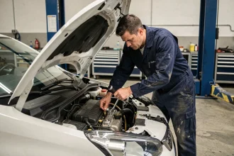 Mécanicien inspectant le moteur 1.2 PureTech d'une Peugeot 208 dans un garage automobile professionnel