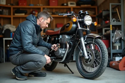 Homme en équipement moto travaillant sur une Honda XLV750R dans un garage