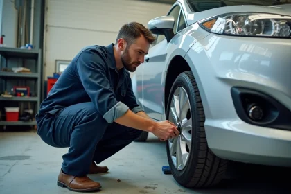 Mécanicien vérifiant la pression des pneus d'une Ford Fiesta avec un manomètre numérique dans un garage automobile