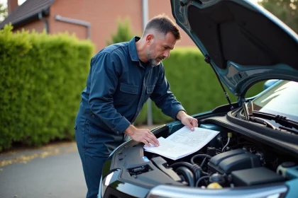Mécanicien homme en overalls examine le moteur d'une Renault Mégane