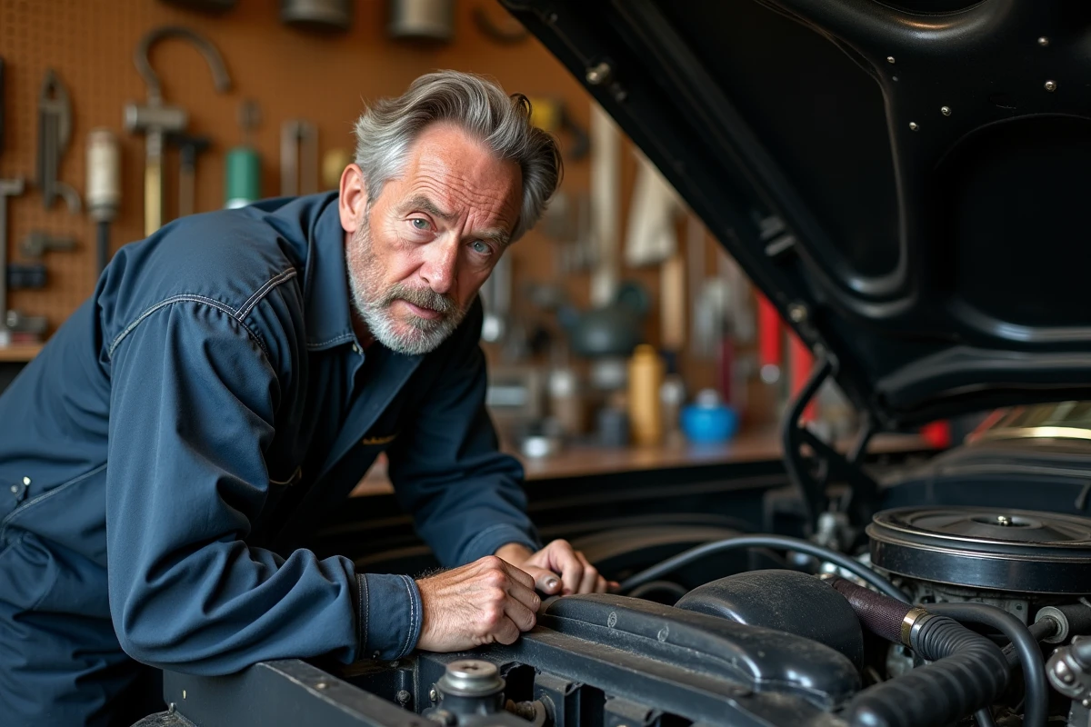 Mécanicien spécialisé inspectant le moteur d'une réplique Impala Supernatural dans un atelier de restauration vintage