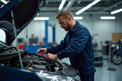 Mécanicien inspectant le moteur d'une Peugeot 3008 en garage propre
