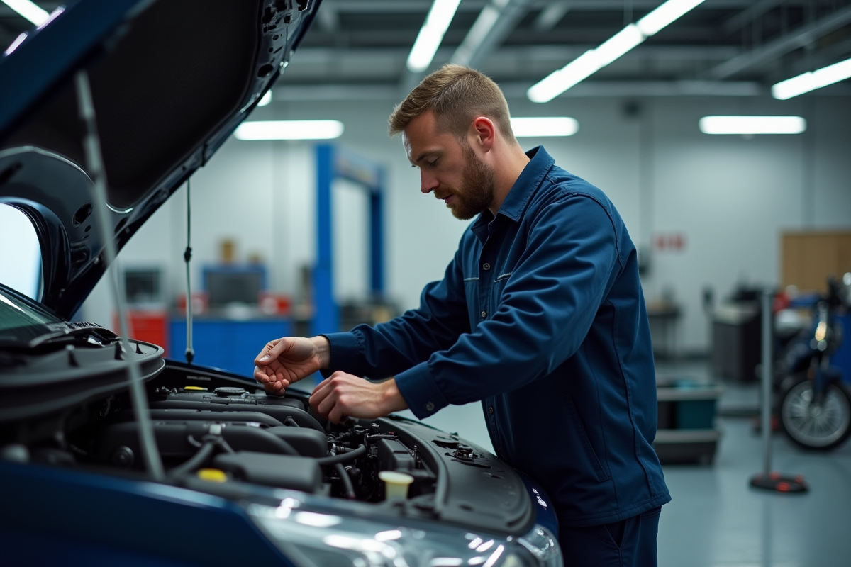 Mécanicien inspectant le moteur d'une Peugeot 3008 en garage propre