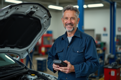 Mécanicien homme en tenue dans un atelier automobile