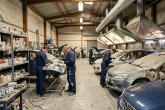 Vue d'ensemble d'un atelier de carrosserie professionnel dans la Loire avec plusieurs véhicules en réparation