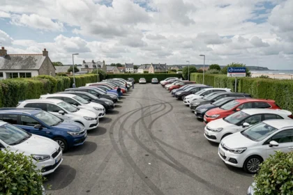 Vue panoramique d'un grand parking de voitures d'occasion dans le Morbihan avec des rangées de véhicules sous un ciel breton nuageux