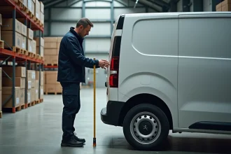 Professionnel mesurant la longueur de la carrosserie d'un Peugeot Expert dans un entrepôt logistique