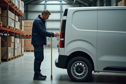 Professionnel mesurant la longueur de la carrosserie d'un Peugeot Expert dans un entrepôt logistique