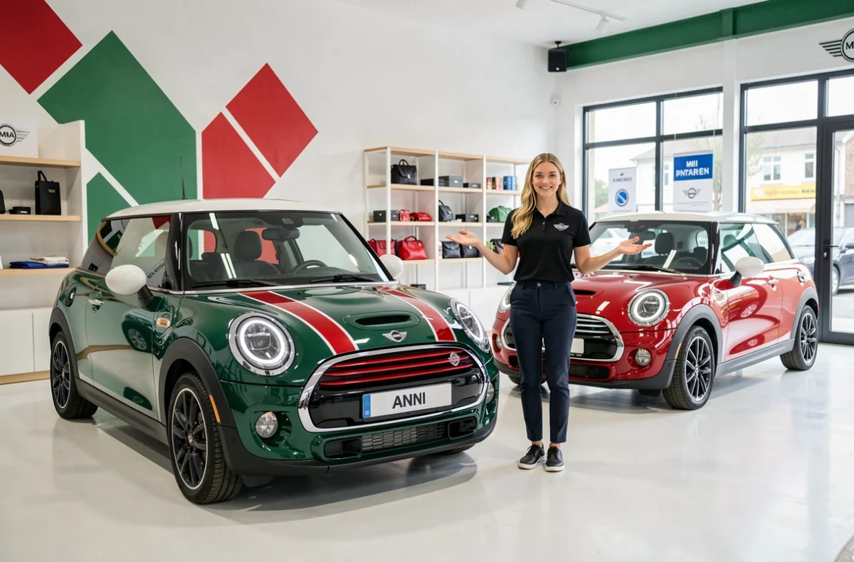 Vendeuse souriante du Mini Store Vannes devant deux modèles Mini Cooper d'occasion dans un showroom moderne et coloré