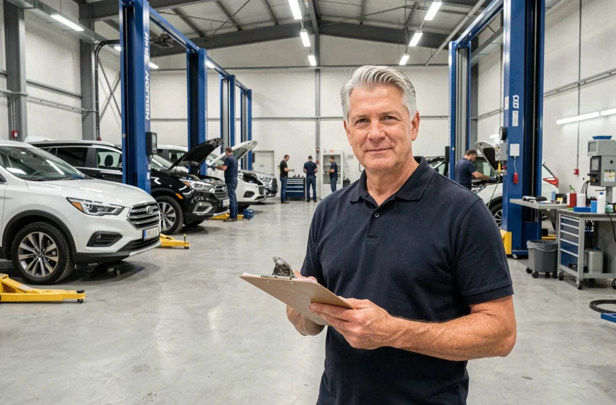 Responsable de MN Cars 13 supervisant les travaux de carrosserie dans un atelier moderne avec plusieurs véhicules en réparation