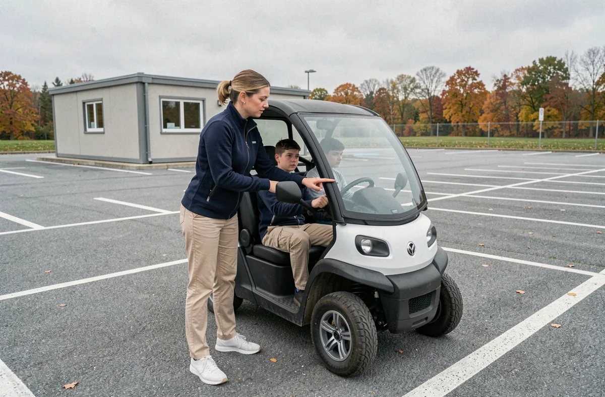 Monitrice d'auto-école expliquant le fonctionnement d'un quadricycle léger à un élève pour le permis AM