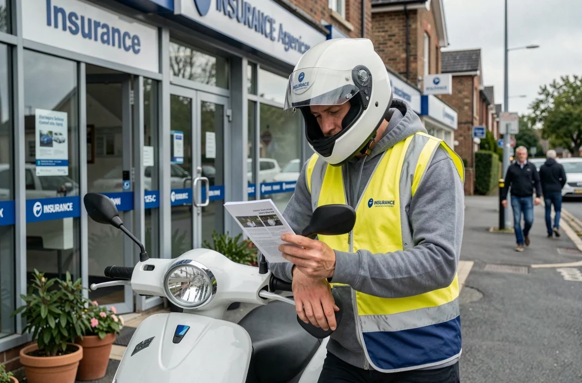 Motard devant une agence d'assurance consultant une brochure pour son scooter 125
