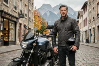 Motard avec casque sous le bras à côté de sa moto garée dans une rue pavée de Grenoble avec les montagnes en arrière-plan