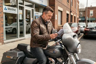 Motard assis sur sa moto devant une agence d'assurance, consultant un document de contrat d'assurance moto rétroactive