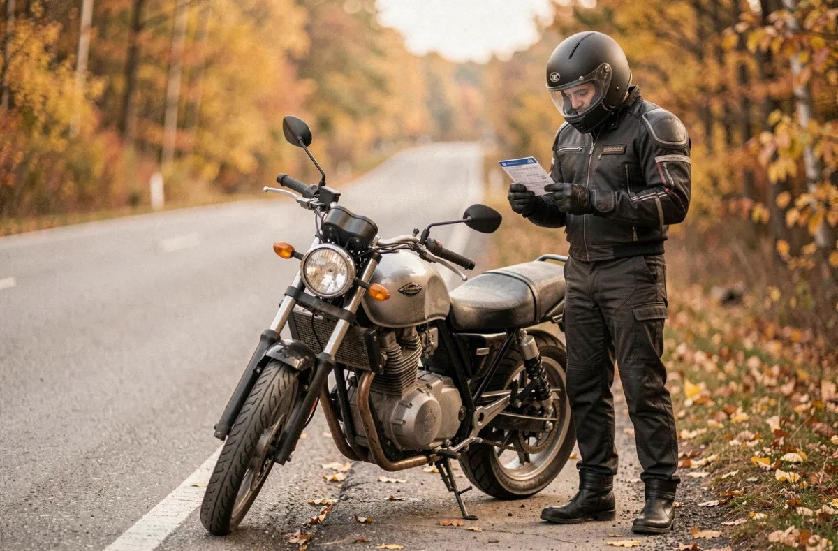 Motard consultant son attestation d'assurance sur le bord d'une route en automne