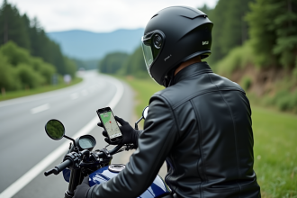 Motard en moto regardant son smartphone sur la route