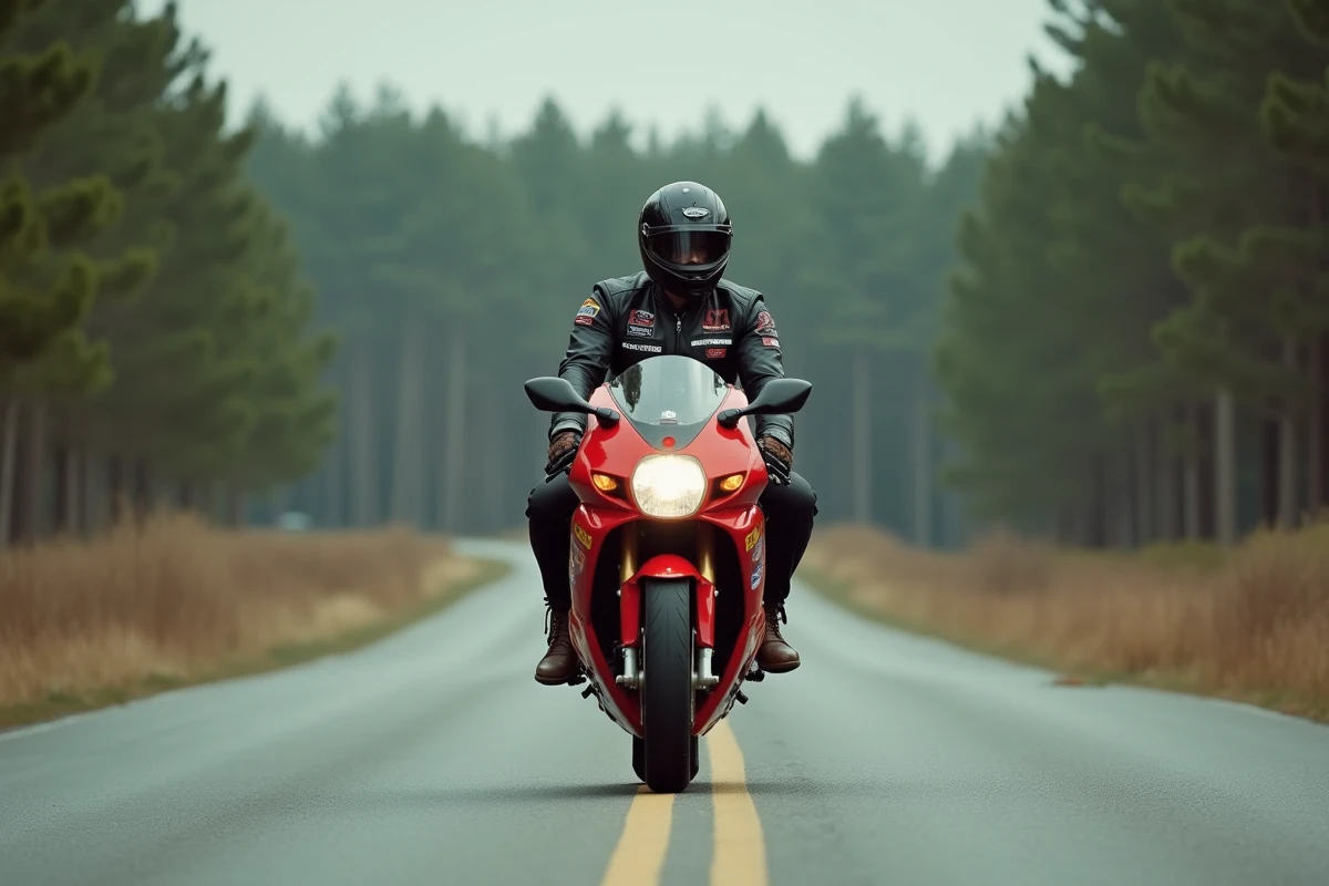 Motard en tenue années 90 sur une Suzuki GSXR 1100 de 1992 arrêté sur une route forestière