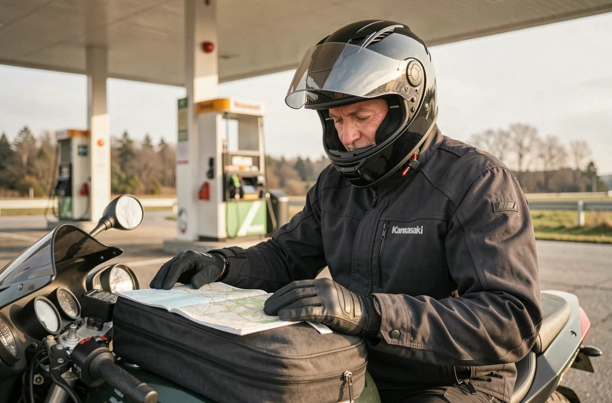 Motard sur une Kawasaki GTR 1000 consultant sa carte routière dans une station-service lors d'un voyage grande routière