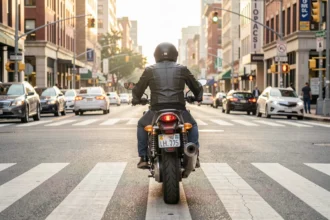 Motard qui ralentit à l'approche d'un passage piéton en ville