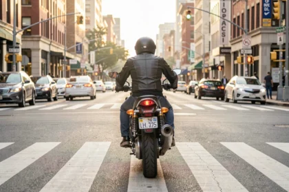 Motard qui ralentit à l'approche d'un passage piéton en ville