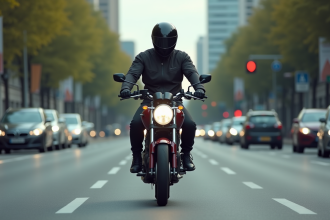 Motard urbain en action sur une avenue animée