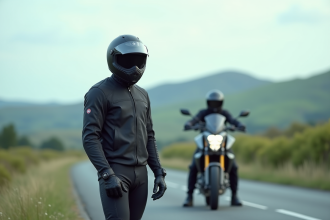 Motard en protection noire à côté d'une Yamaha MT09 en campagne