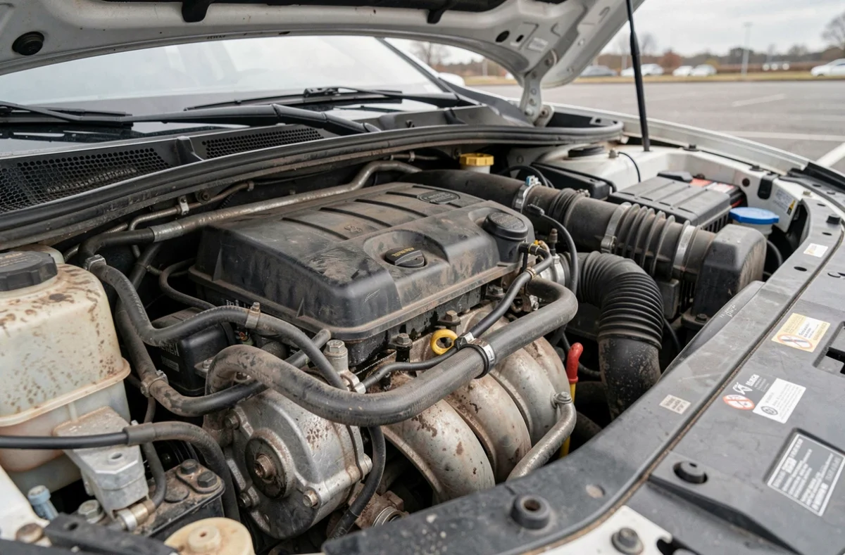 Moteur 1.5 dCi Renault usagé avec traces d'huile et composants visibles sous le capot