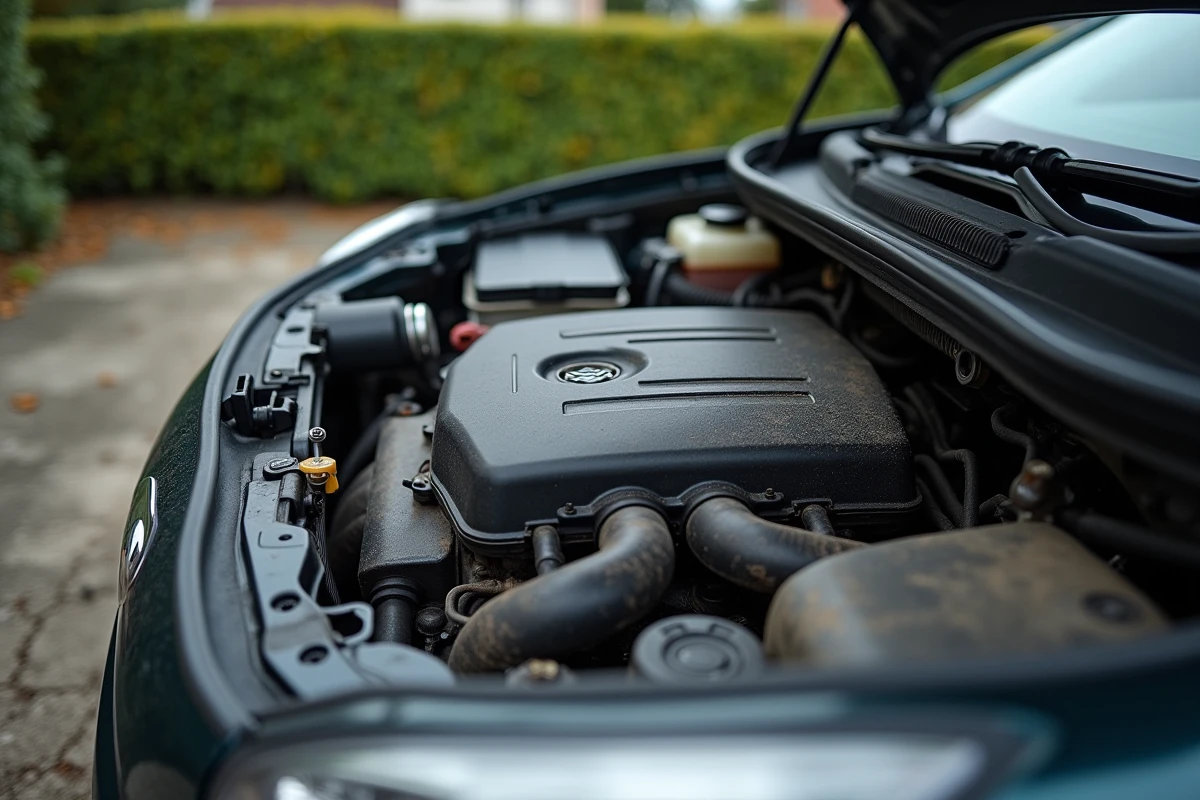 Gros plan du moteur diesel Peugeot Citroën 2.0 HDi 90 chevaux sous le capot d'une voiture compacte