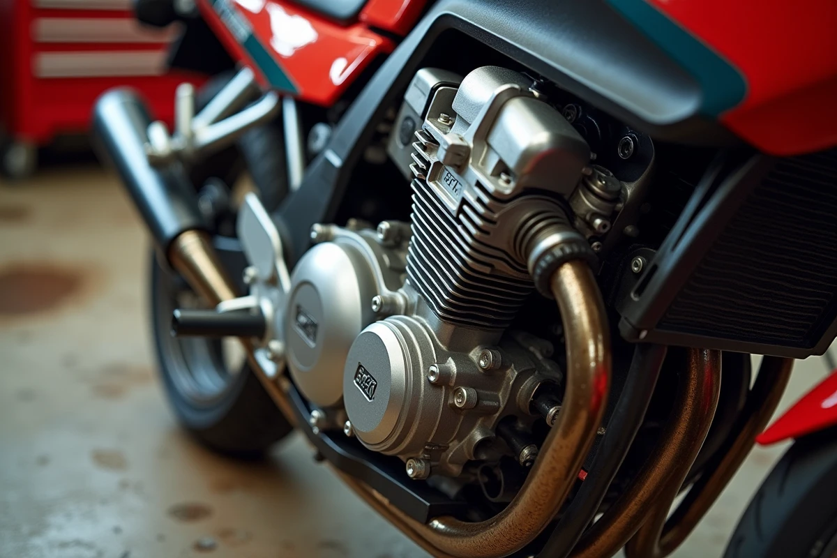 Détail moteur Suzuki GSXR 1100 de 1992, carburateurs Mikuni et bloc DOHC 16 soupapes en atelier