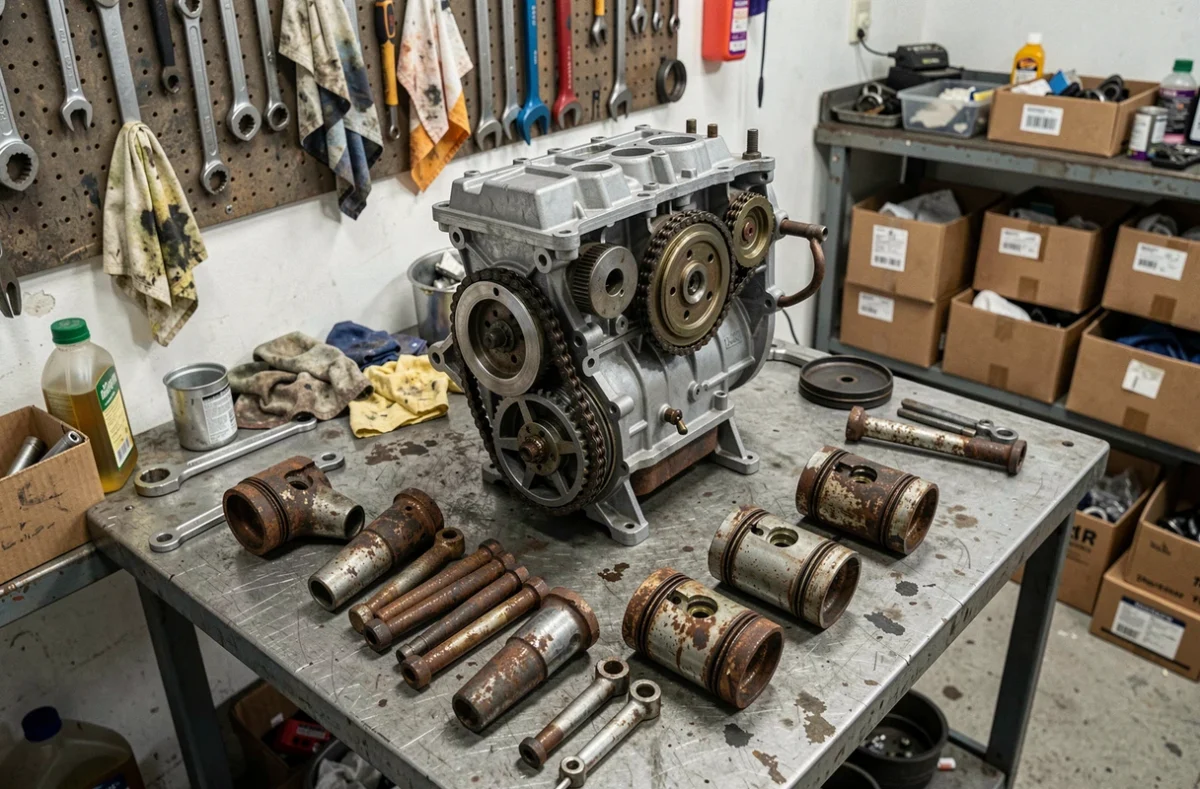 Moteur Peugeot 1.2 PureTech démonté sur établi avec pièces défectueuses visibles dans un atelier mécanique