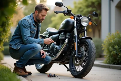 Homme vérifiant la pression du pneu de sa moto noire en extérieur