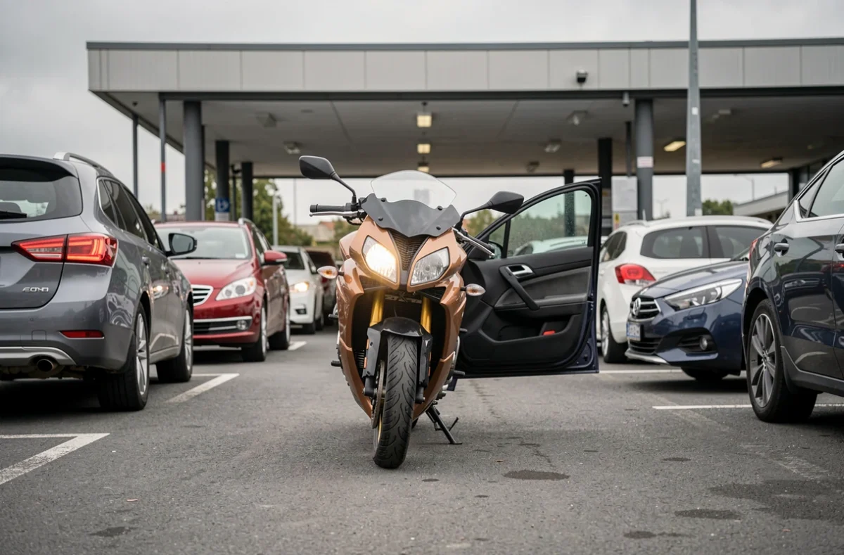 Moto entre des voitures à l'arrêt devant une sortie de parking